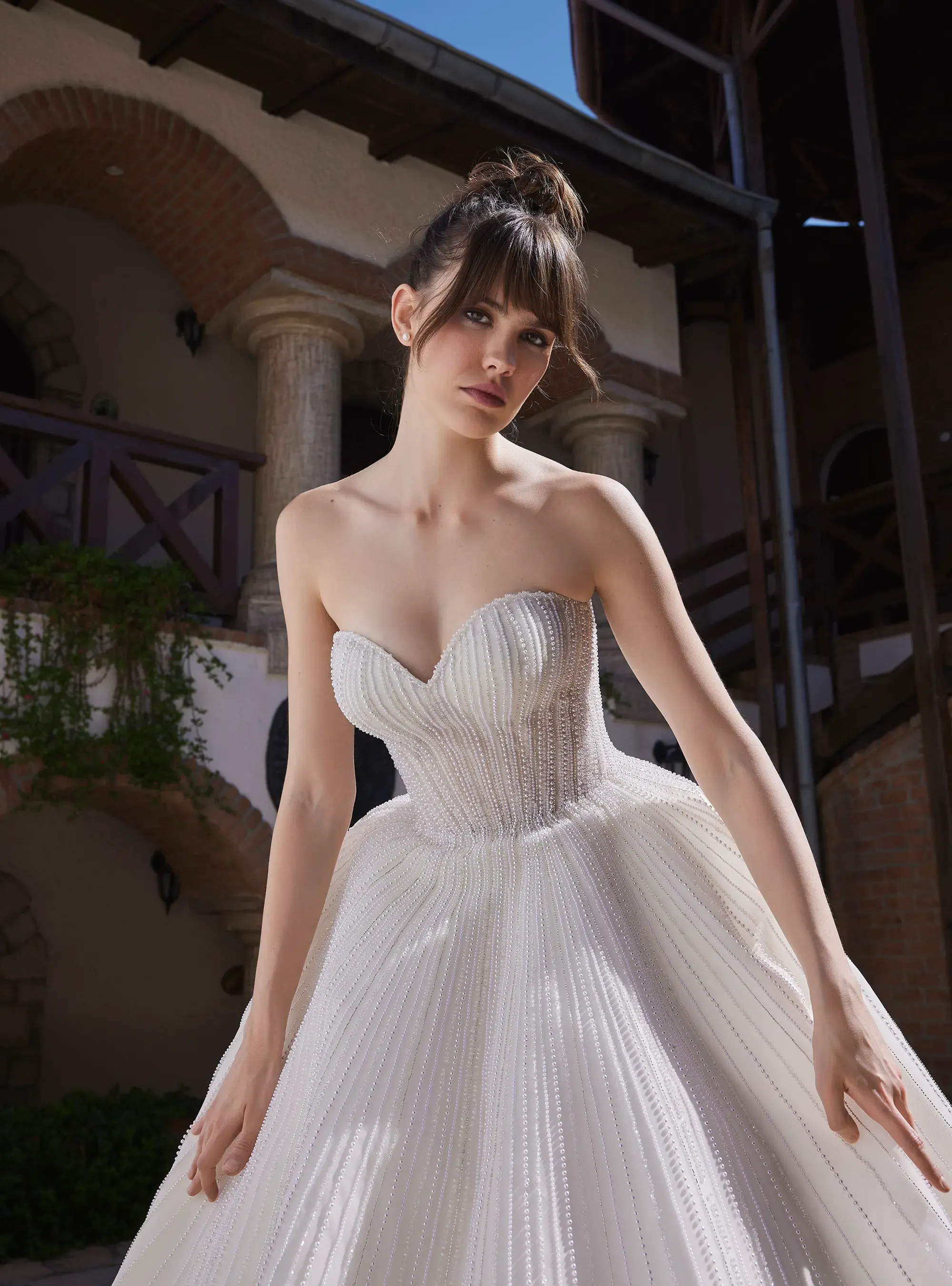 Luxury Pearl and Crystal Embellished Bridal Gown with Floral Train