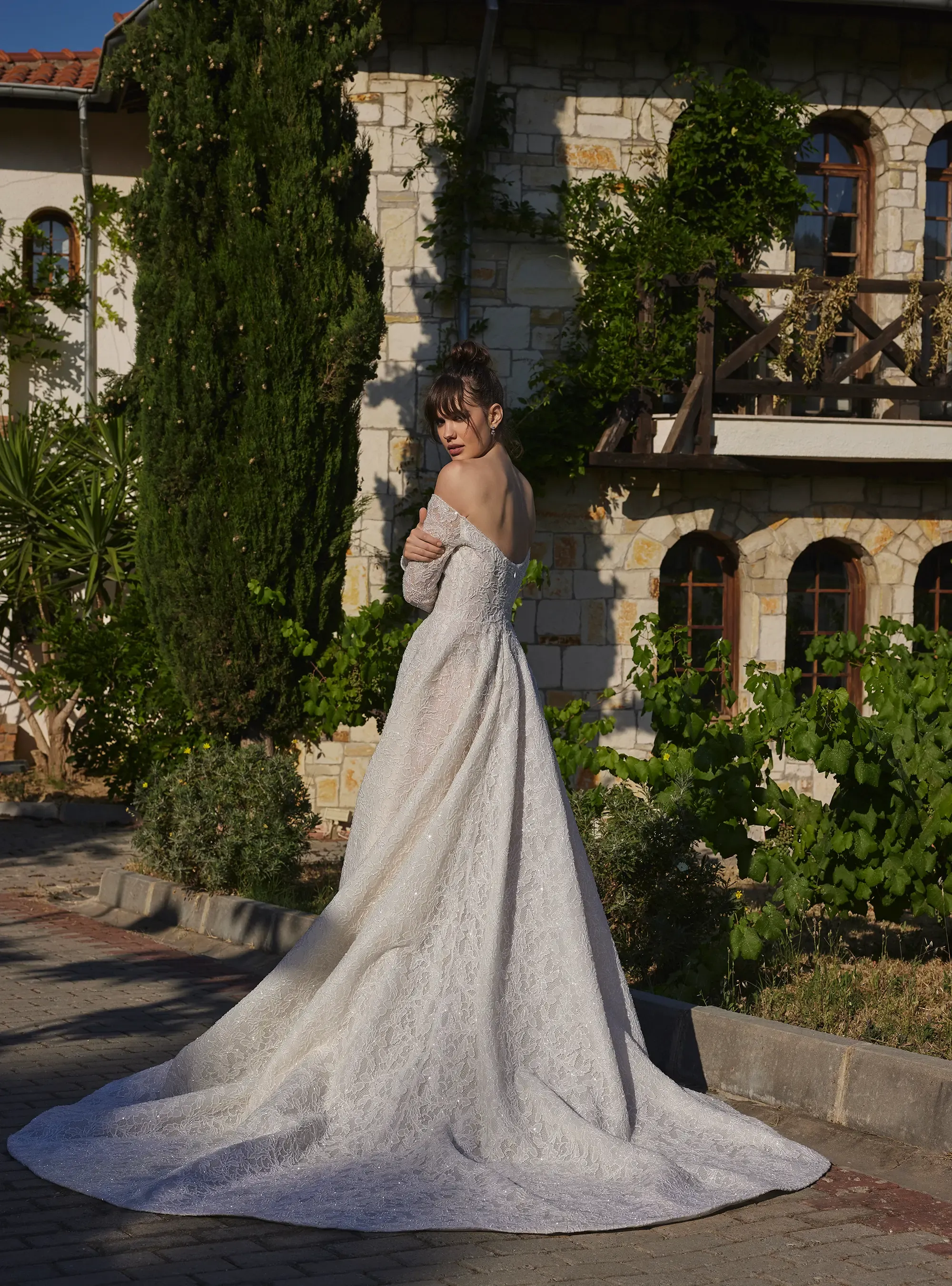 Luxury Shimmering Lace A Line Bridal Gown with Long Sleeves