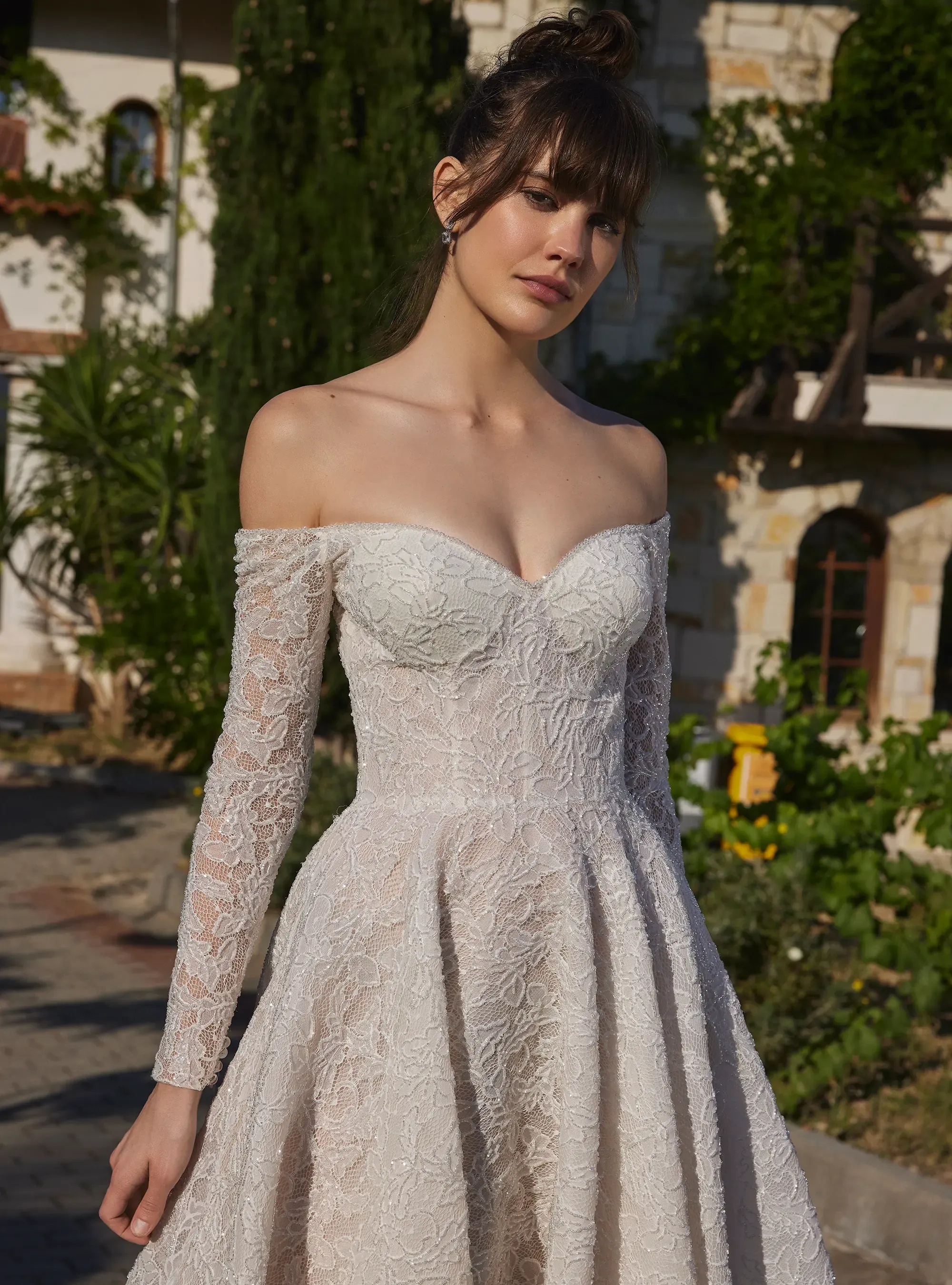 Luxury Shimmering Lace A Line Bridal Gown with Long Sleeves
