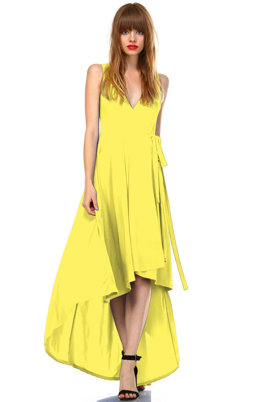 Lycra Sleeveless V-Neck Plunge Belt Hi Low Wrap Dress Yellow