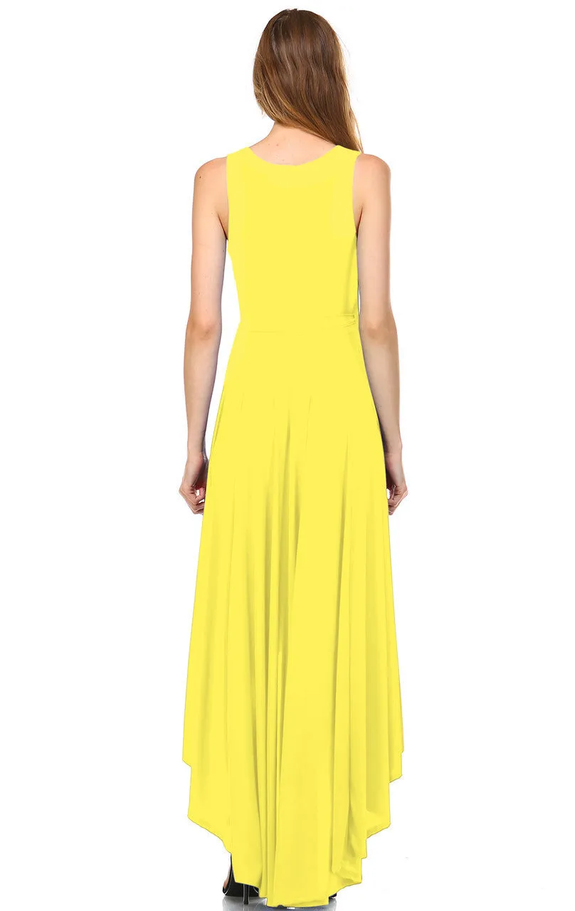 Lycra Sleeveless V-Neck Plunge Belt Hi Low Wrap Dress Yellow