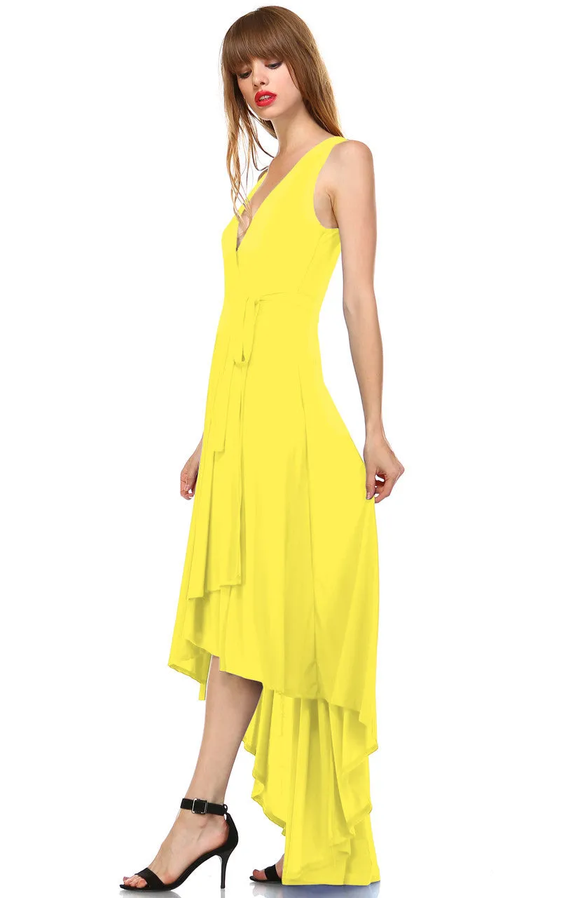 Lycra Sleeveless V-Neck Plunge Belt Hi Low Wrap Dress Yellow