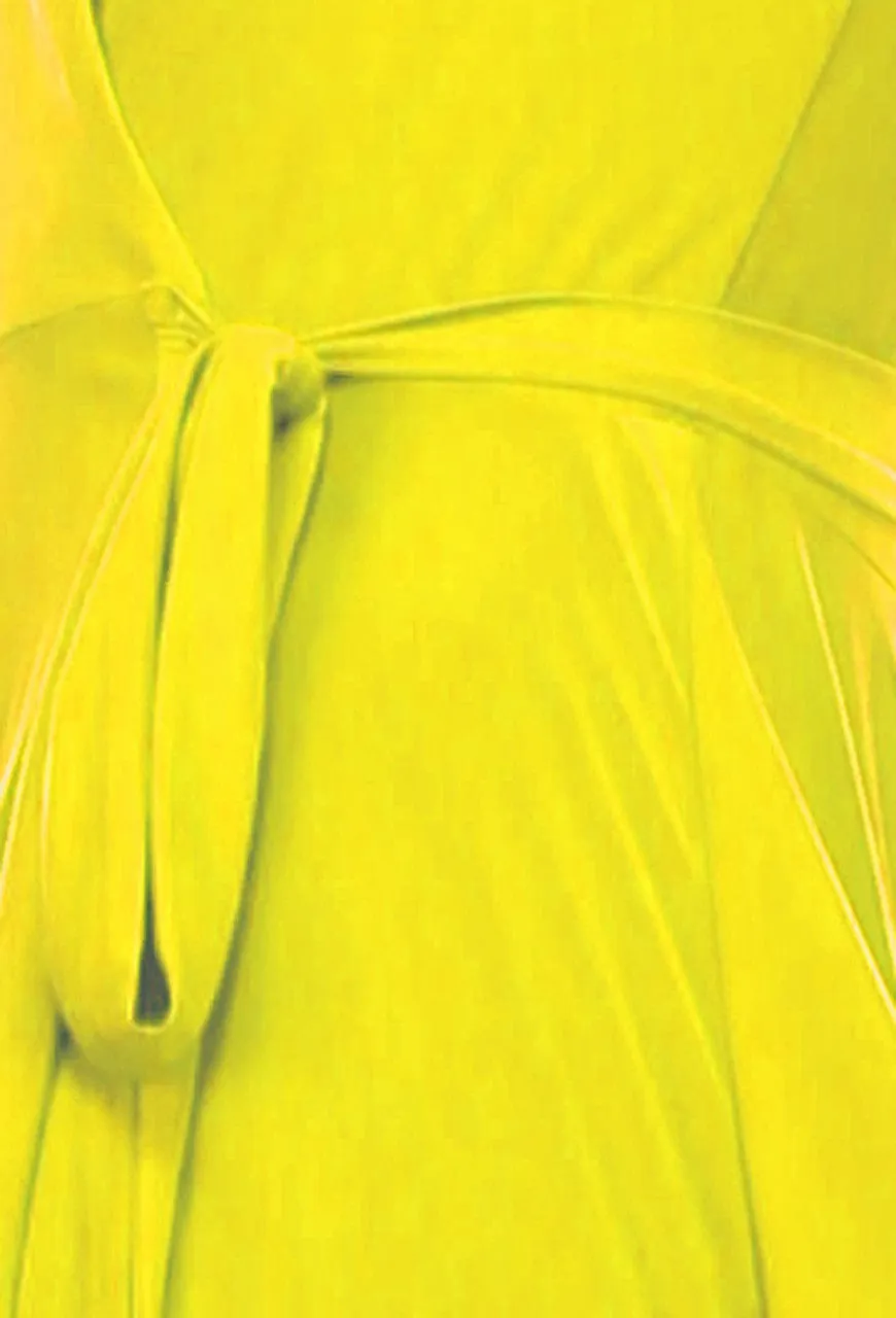 Lycra Sleeveless V-Neck Plunge Belt Hi Low Wrap Dress Yellow