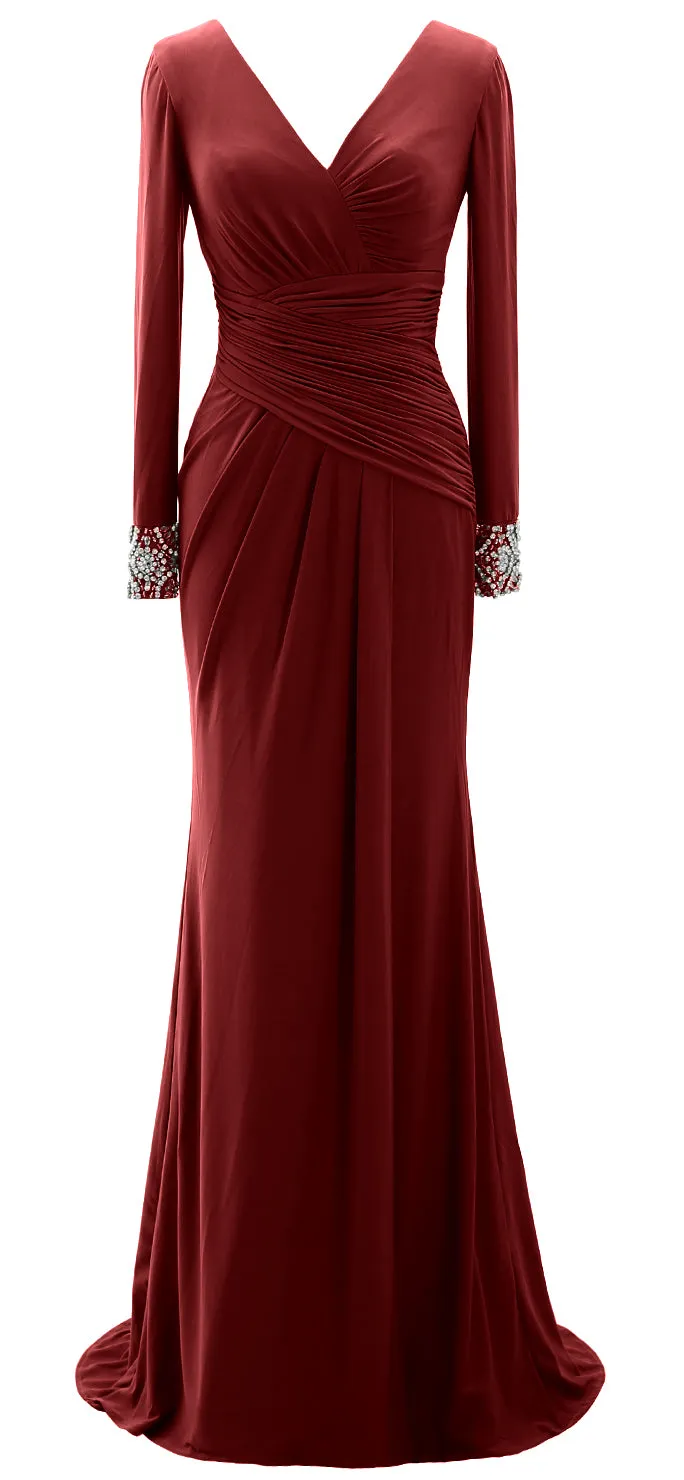MACloth Women Long Mother of Bride Dresses Long Sleeve V Neck Evening Gown