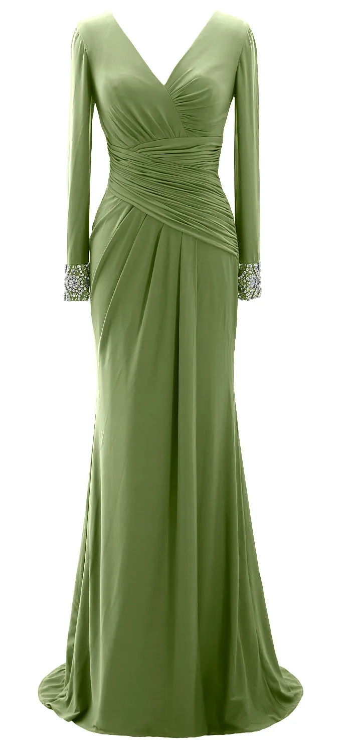 MACloth Women Long Mother of Bride Dresses Long Sleeve V Neck Evening Gown