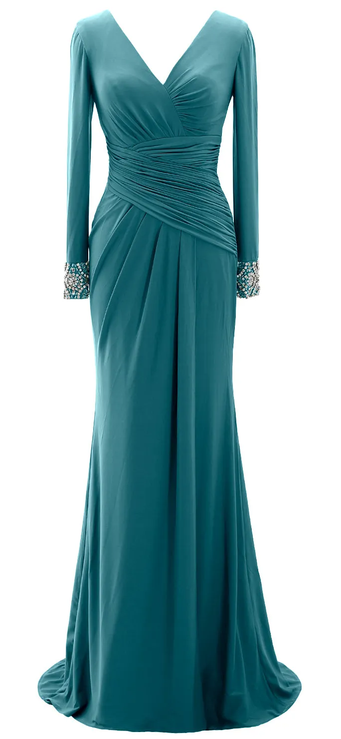 MACloth Women Long Mother of Bride Dresses Long Sleeve V Neck Evening Gown