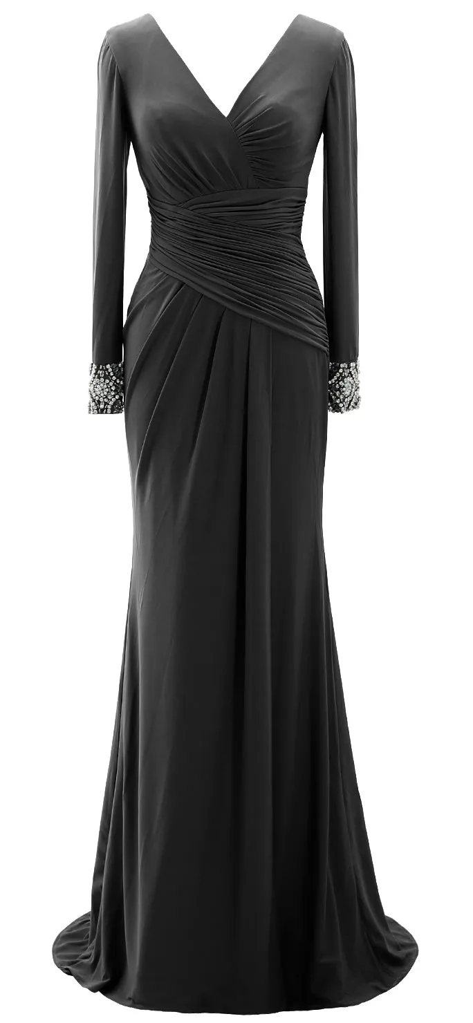 MACloth Women Long Mother of Bride Dresses Long Sleeve V Neck Evening Gown