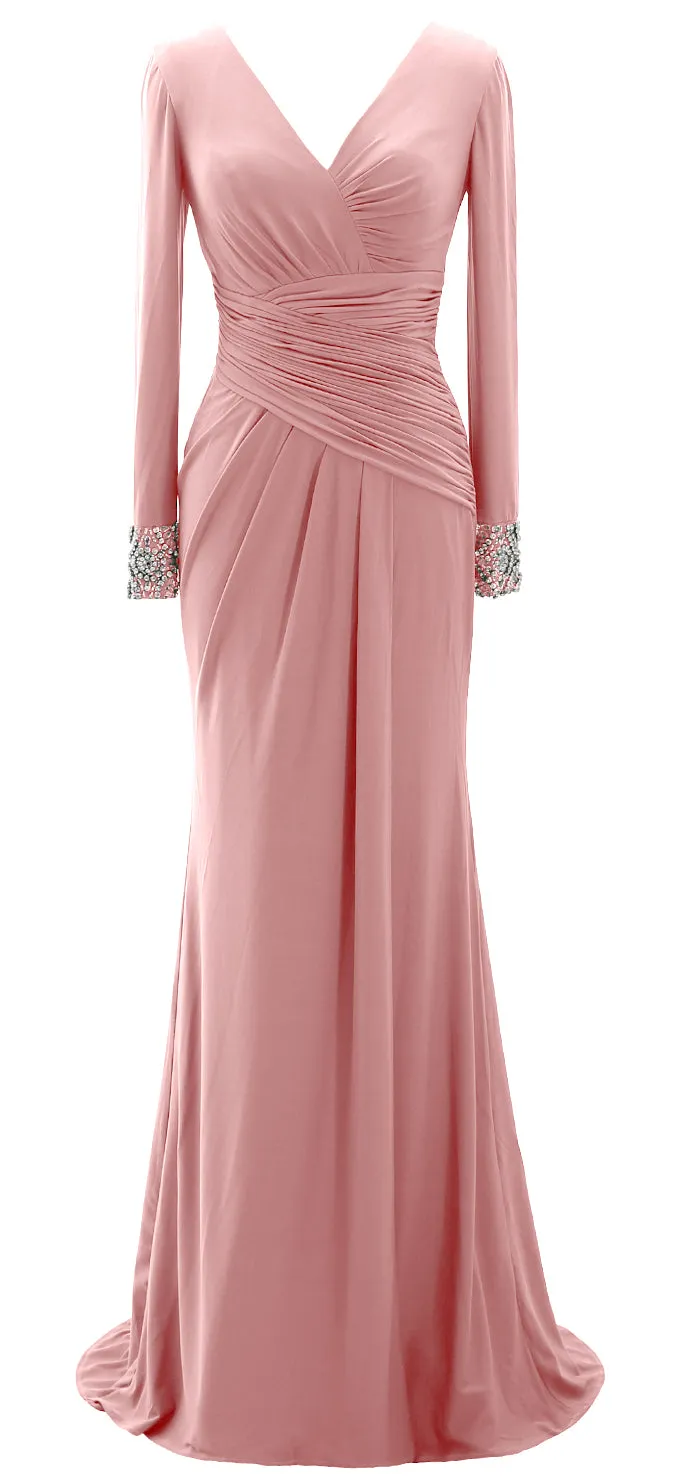 MACloth Women Long Mother of Bride Dresses Long Sleeve V Neck Evening Gown