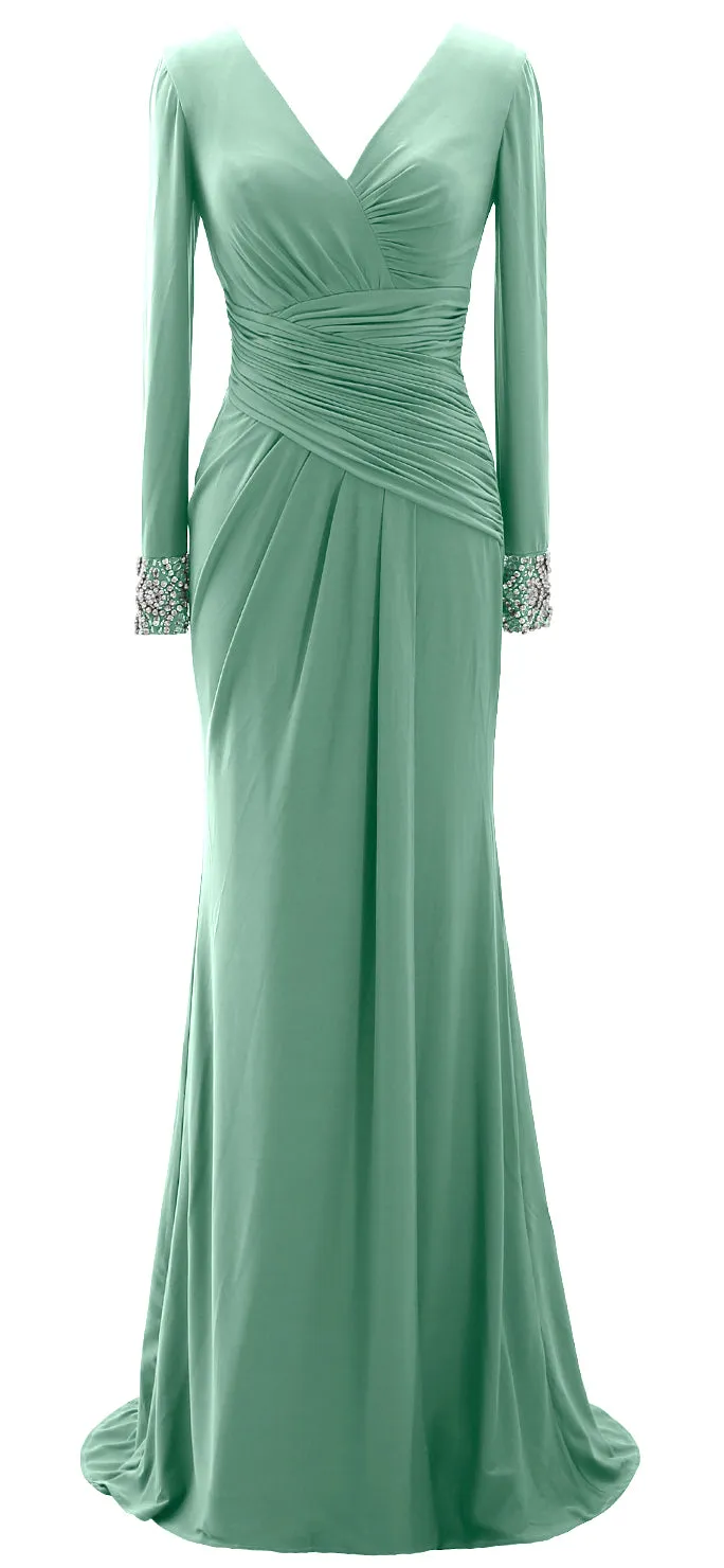 MACloth Women Long Mother of Bride Dresses Long Sleeve V Neck Evening Gown