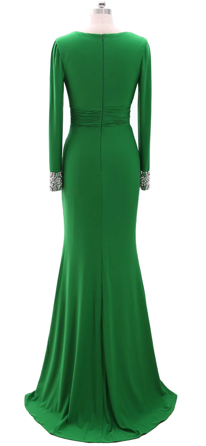MACloth Women Long Mother of Bride Dresses Long Sleeve V Neck Evening Gown