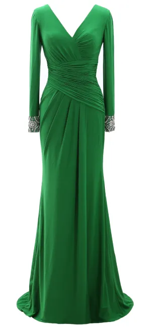MACloth Women Long Mother of Bride Dresses Long Sleeve V Neck Evening Gown