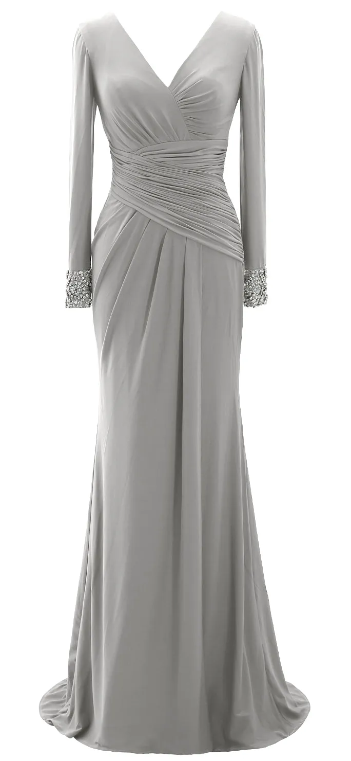 MACloth Women Long Mother of Bride Dresses Long Sleeve V Neck Evening Gown