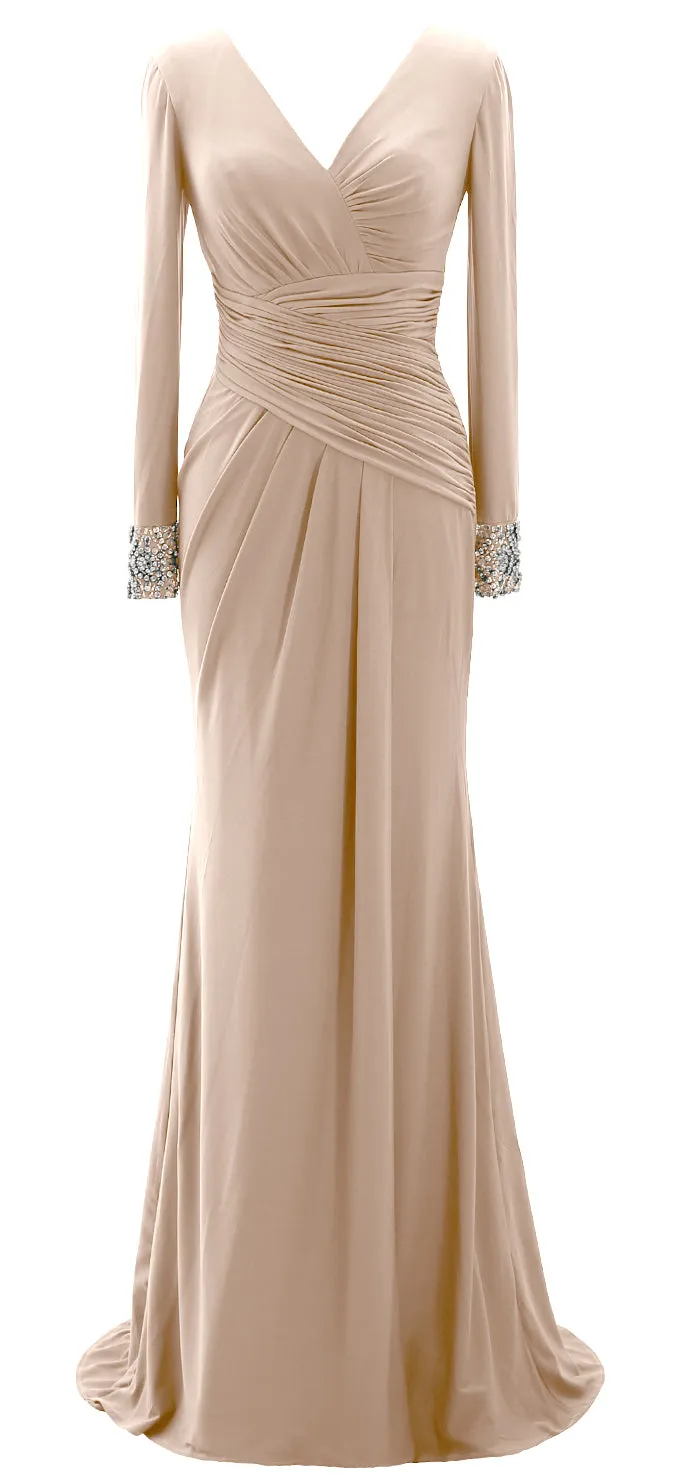 MACloth Women Long Mother of Bride Dresses Long Sleeve V Neck Evening Gown