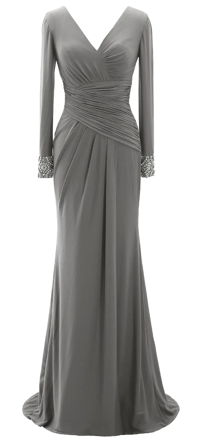 MACloth Women Long Mother of Bride Dresses Long Sleeve V Neck Evening Gown