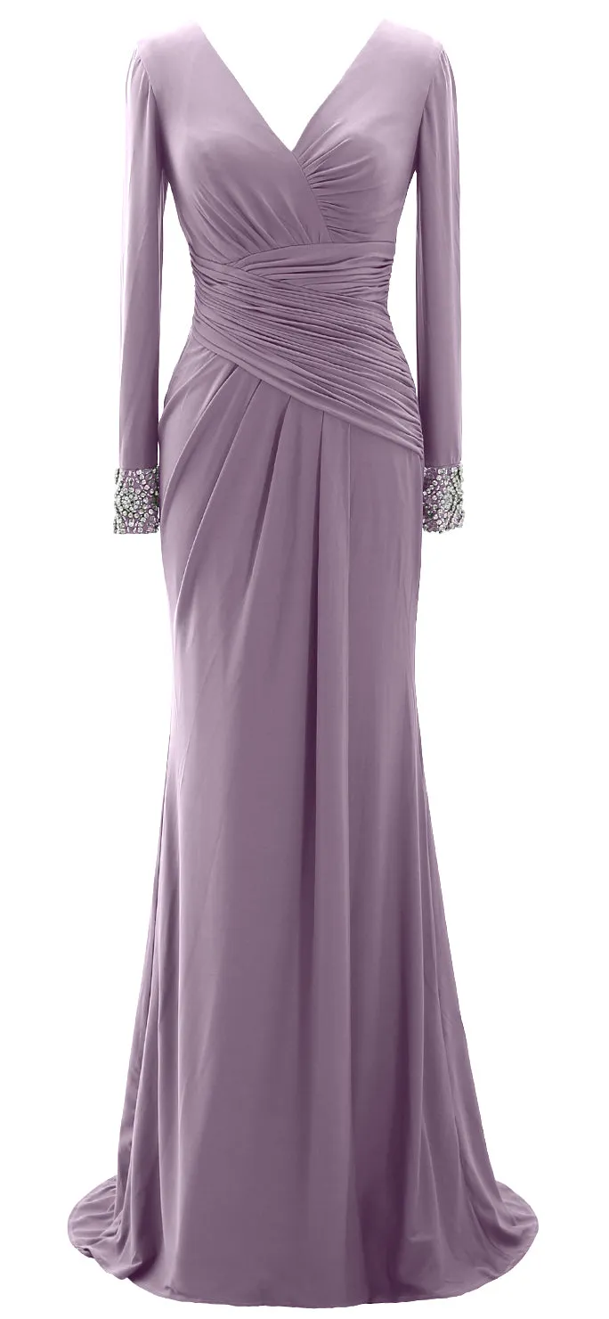 MACloth Women Long Mother of Bride Dresses Long Sleeve V Neck Evening Gown