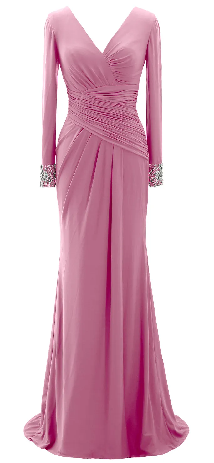 MACloth Women Long Mother of Bride Dresses Long Sleeve V Neck Evening Gown