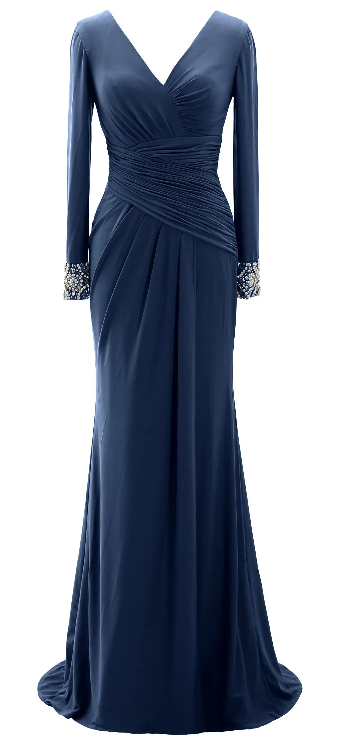 MACloth Women Long Mother of Bride Dresses Long Sleeve V Neck Evening Gown