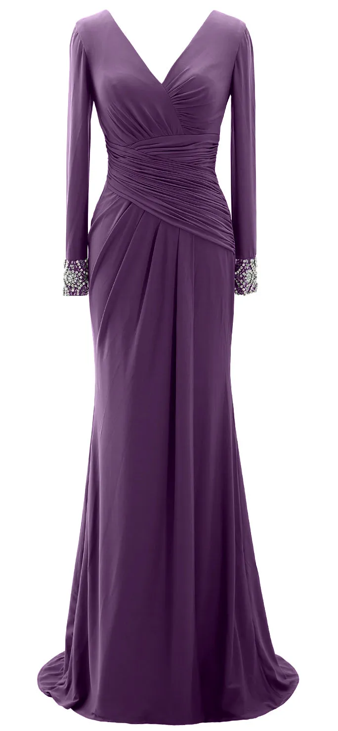 MACloth Women Long Mother of Bride Dresses Long Sleeve V Neck Evening Gown