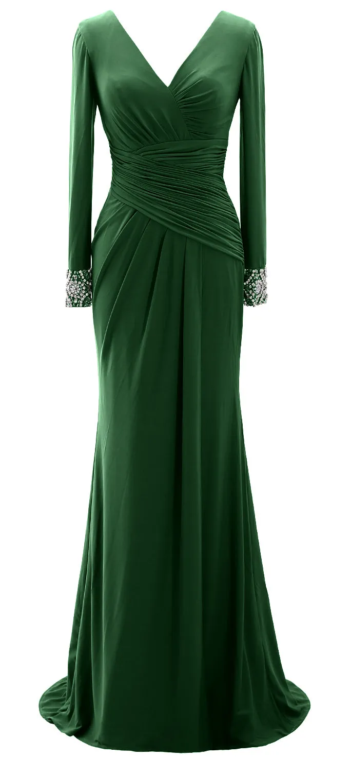 MACloth Women Long Mother of Bride Dresses Long Sleeve V Neck Evening Gown