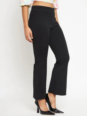 Madame Front Pleated Solid Black Flared Trousers