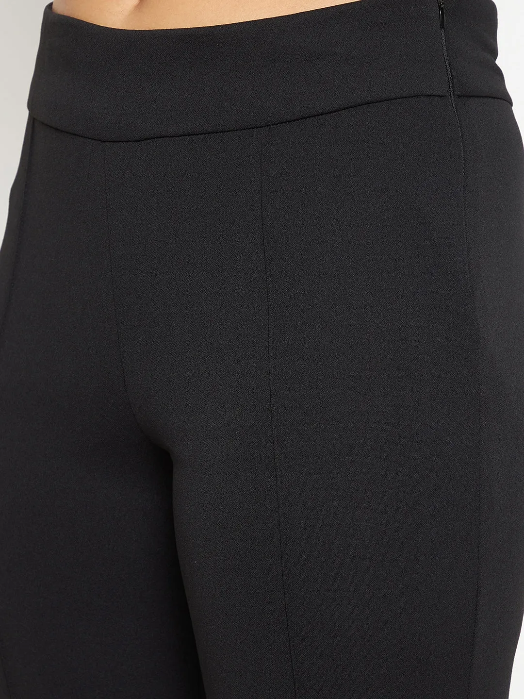 Madame Front Pleated Solid Black Flared Trousers