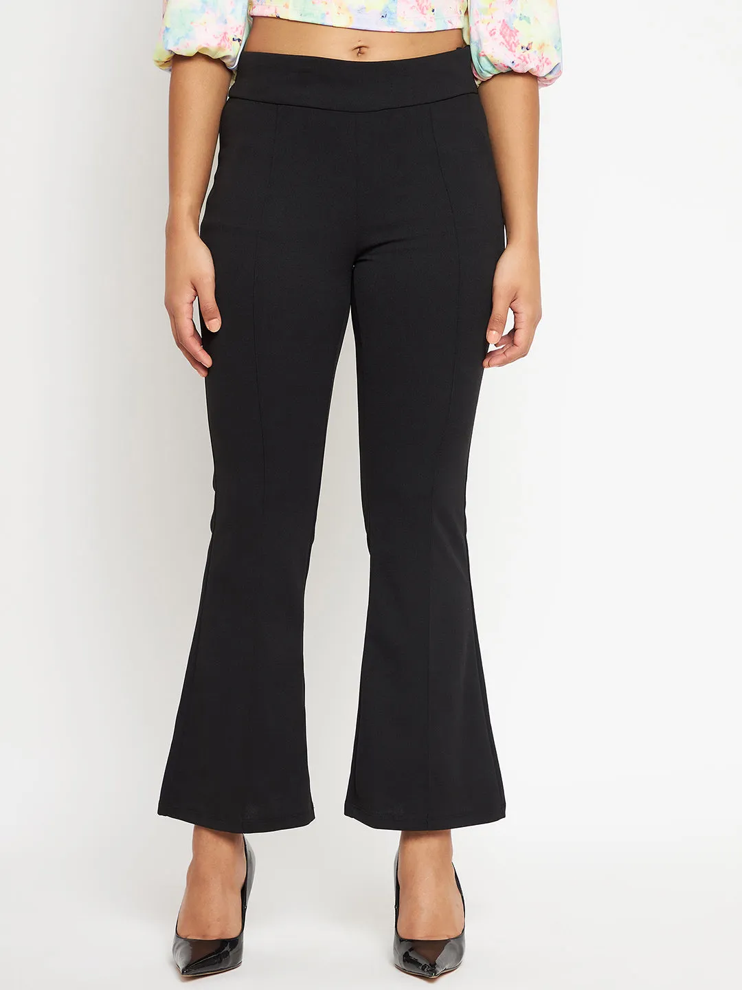 Madame Front Pleated Solid Black Flared Trousers