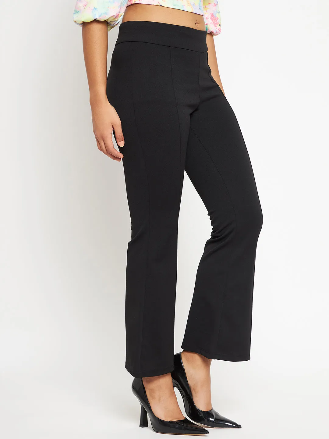 Madame Front Pleated Solid Black Flared Trousers