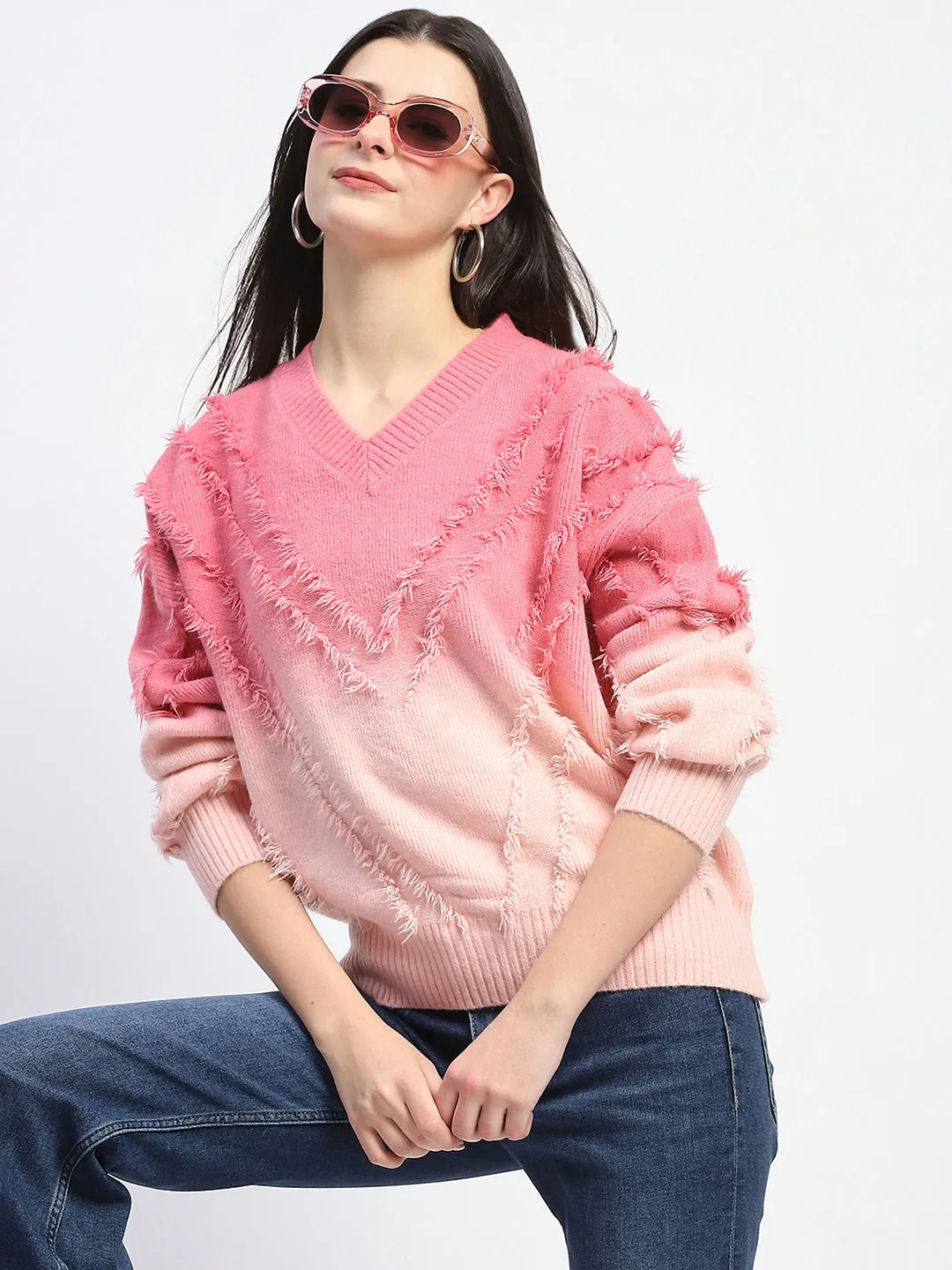 Madame Ombre Print Textured V Neck Pink Sweater