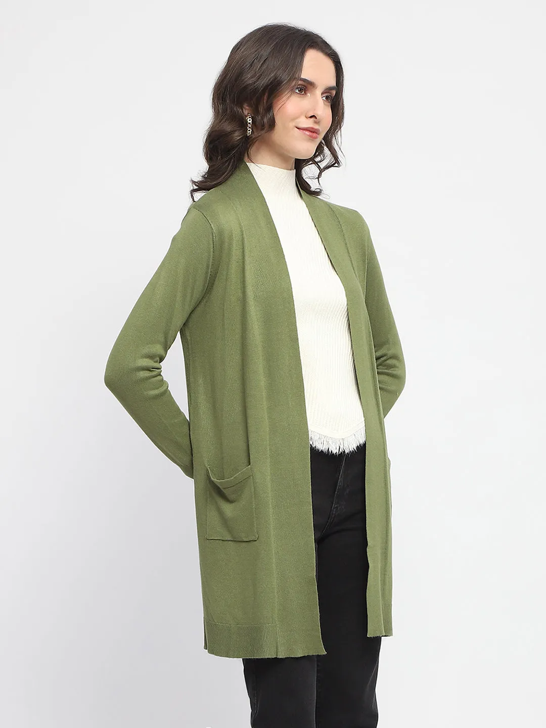 Madame Open Front Olive Green Knitted Shrug