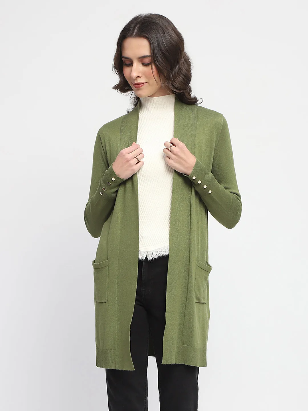 Madame Open Front Olive Green Knitted Shrug
