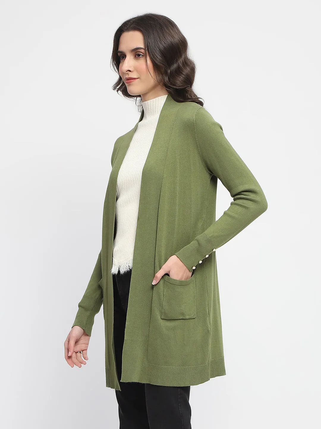 Madame Open Front Olive Green Knitted Shrug