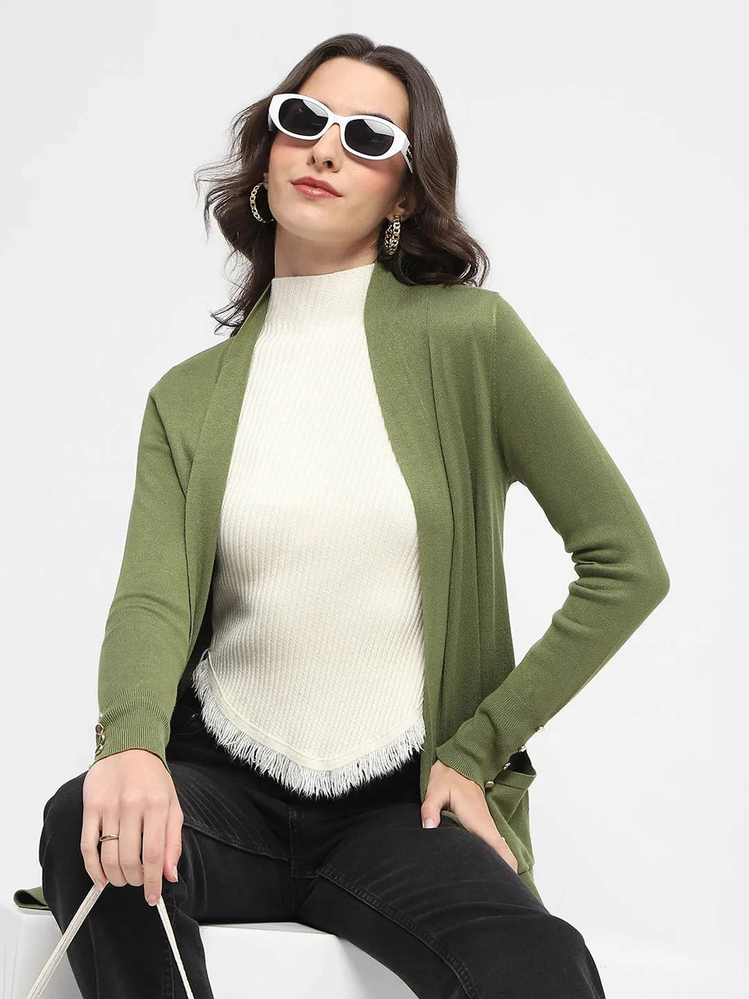 Madame Open Front Olive Green Knitted Shrug