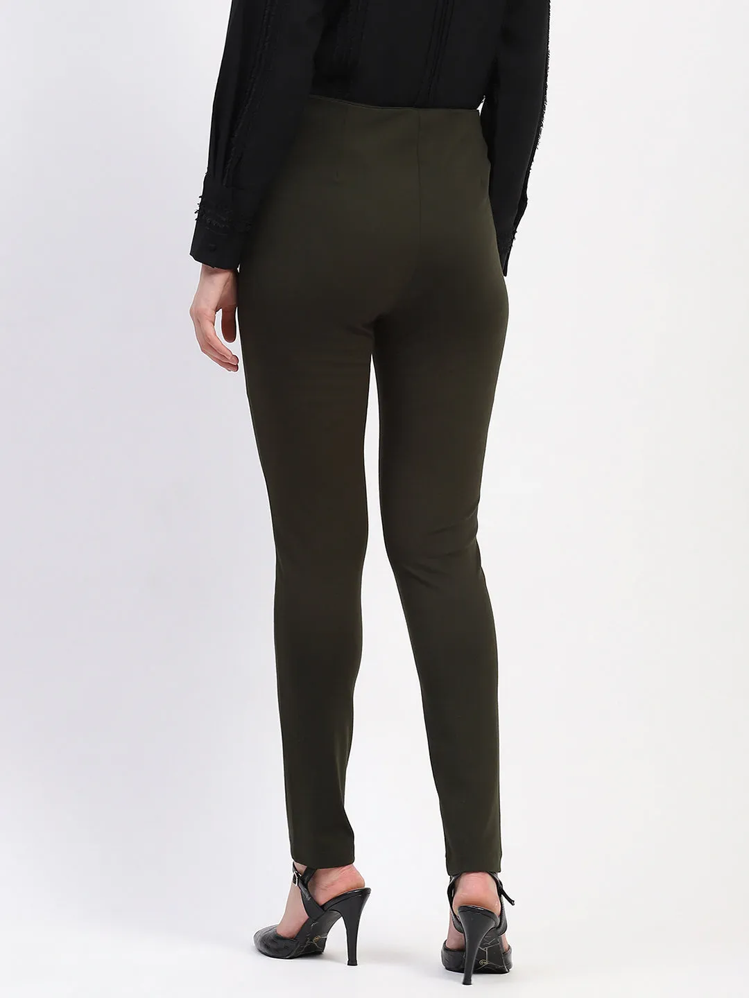 Madame Pleated Solid Olive Straight Trousers