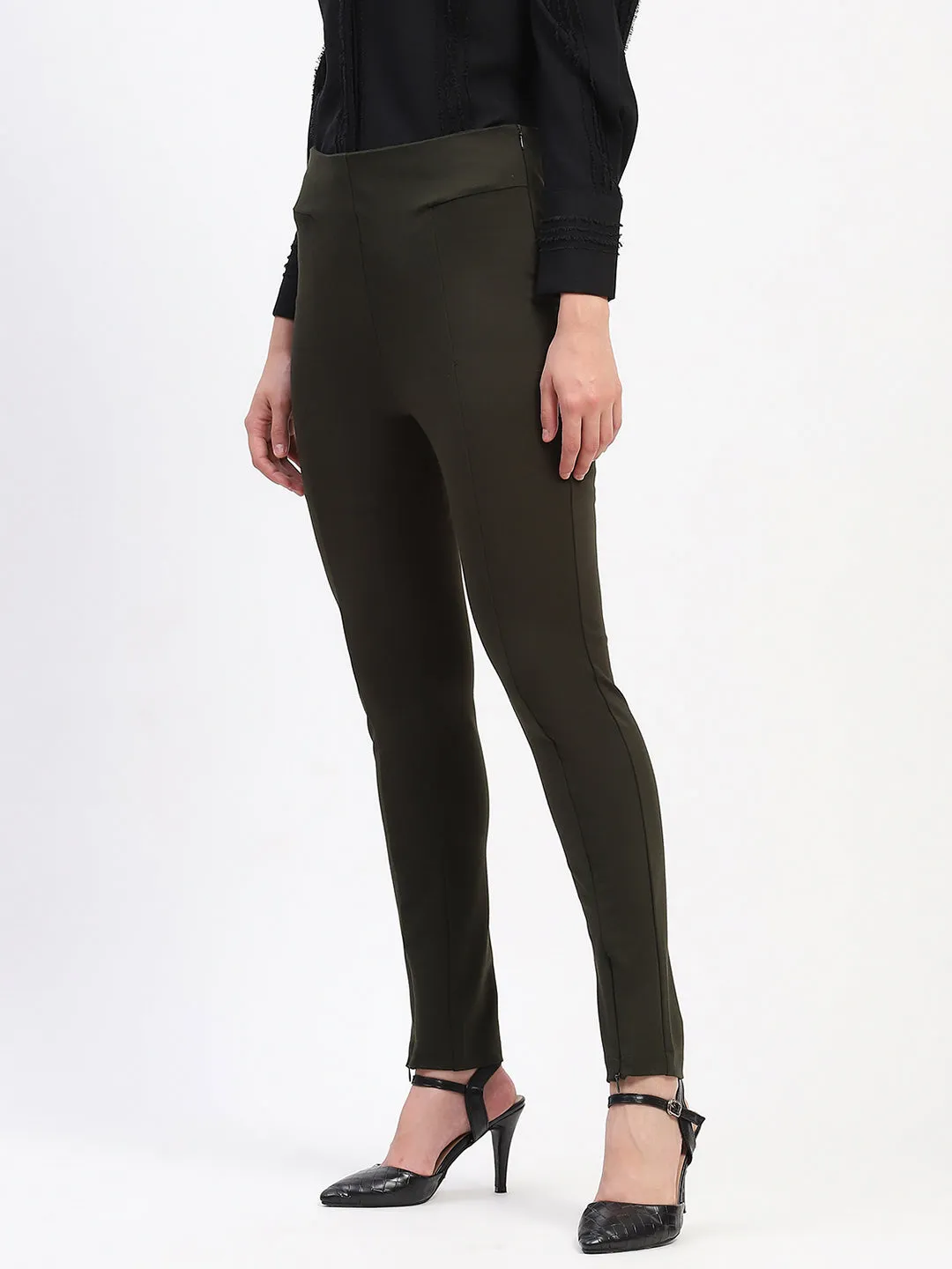 Madame Pleated Solid Olive Straight Trousers