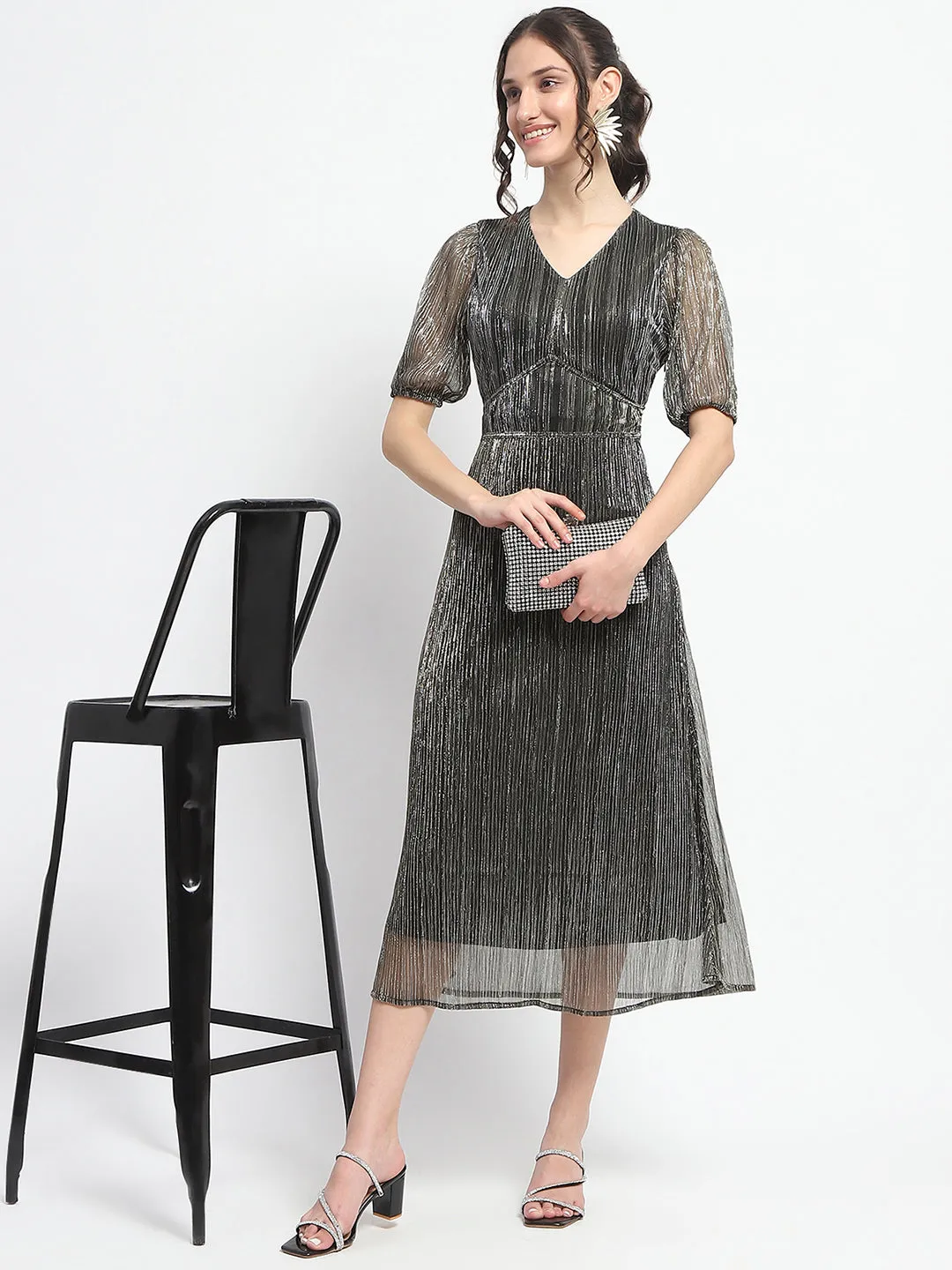 Madame Shimmery Corset Detailed Puff Sleeved Black Midi Dress