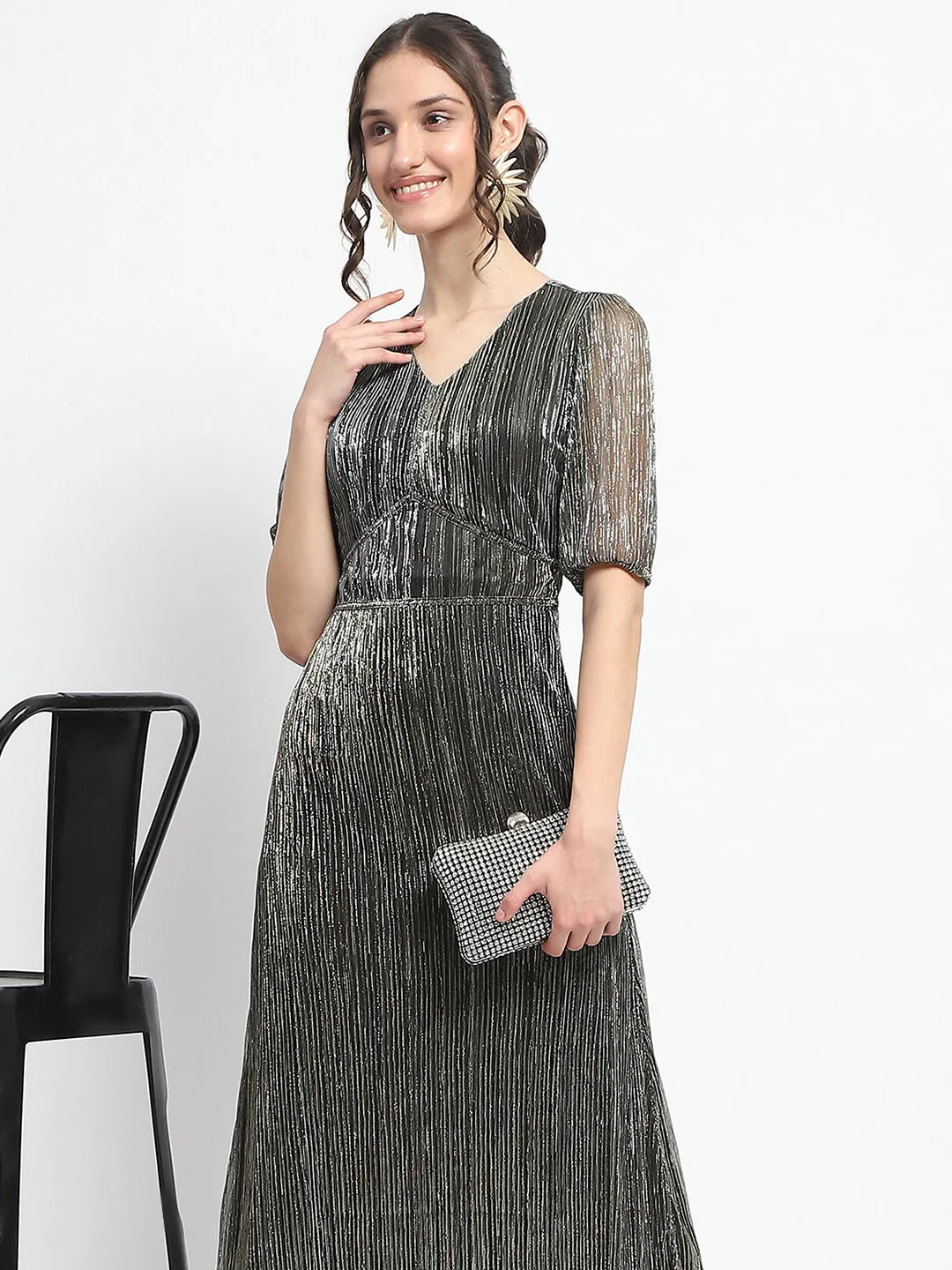 Madame Shimmery Corset Detailed Puff Sleeved Black Midi Dress