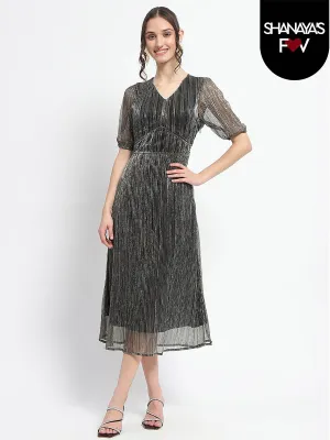 Madame Shimmery Corset Detailed Puff Sleeved Black Midi Dress