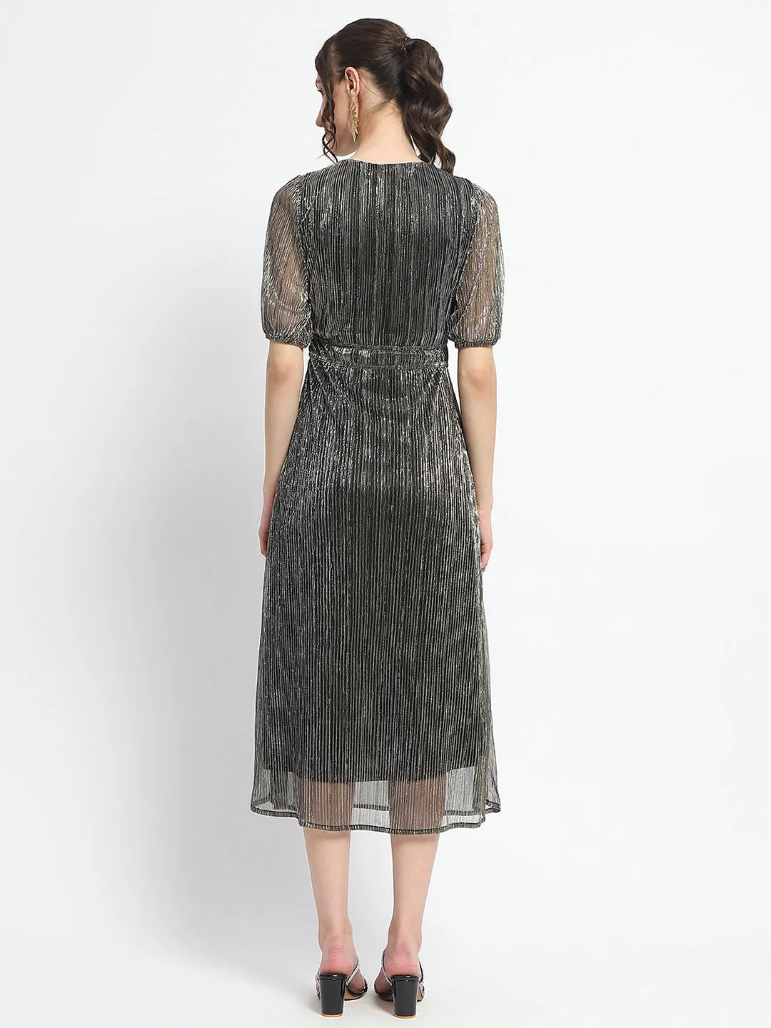Madame Shimmery Corset Detailed Puff Sleeved Black Midi Dress