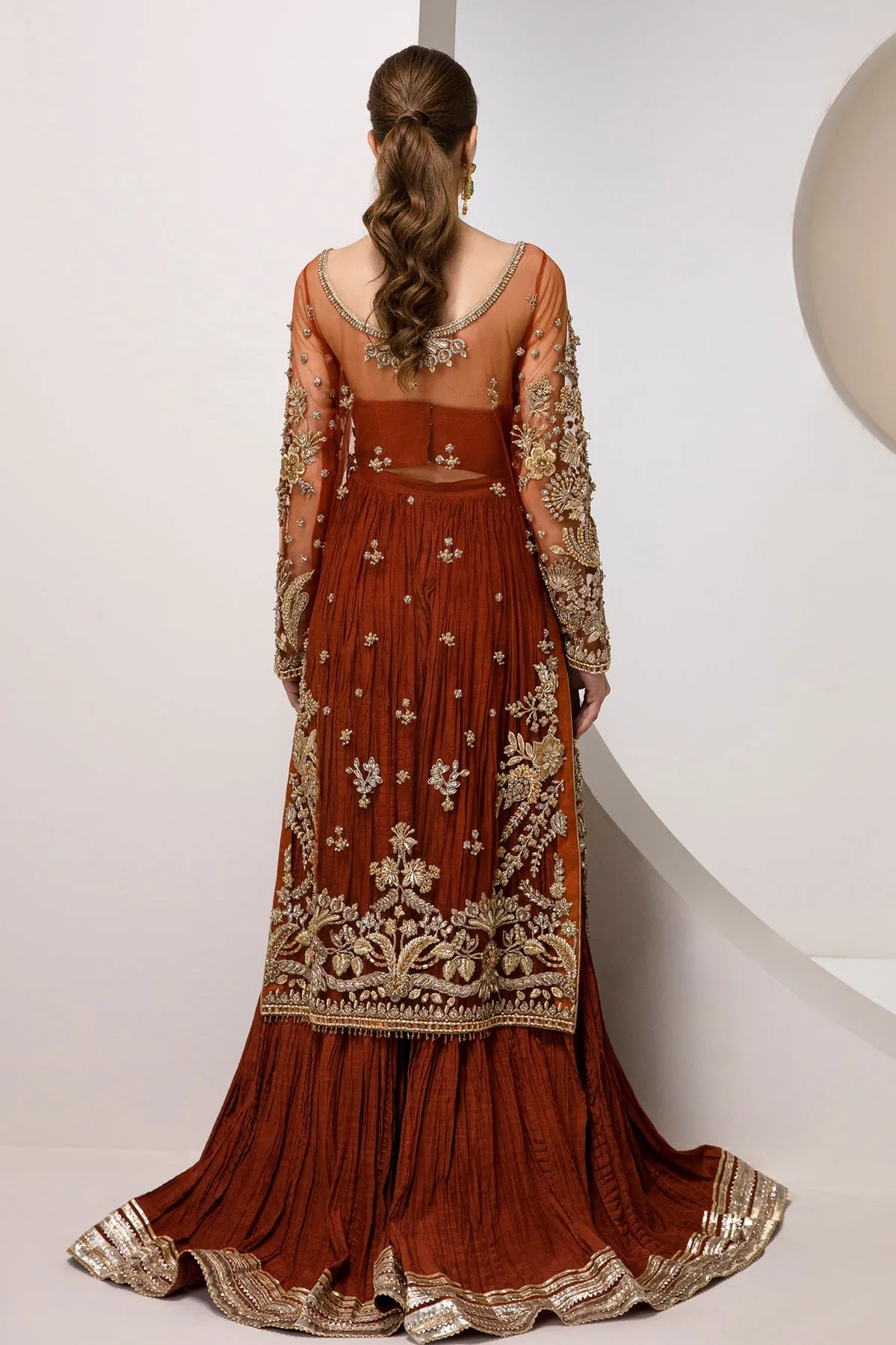 Maroon Long Kameez Pakistani Wedding Dress in Crushed Sharara Style