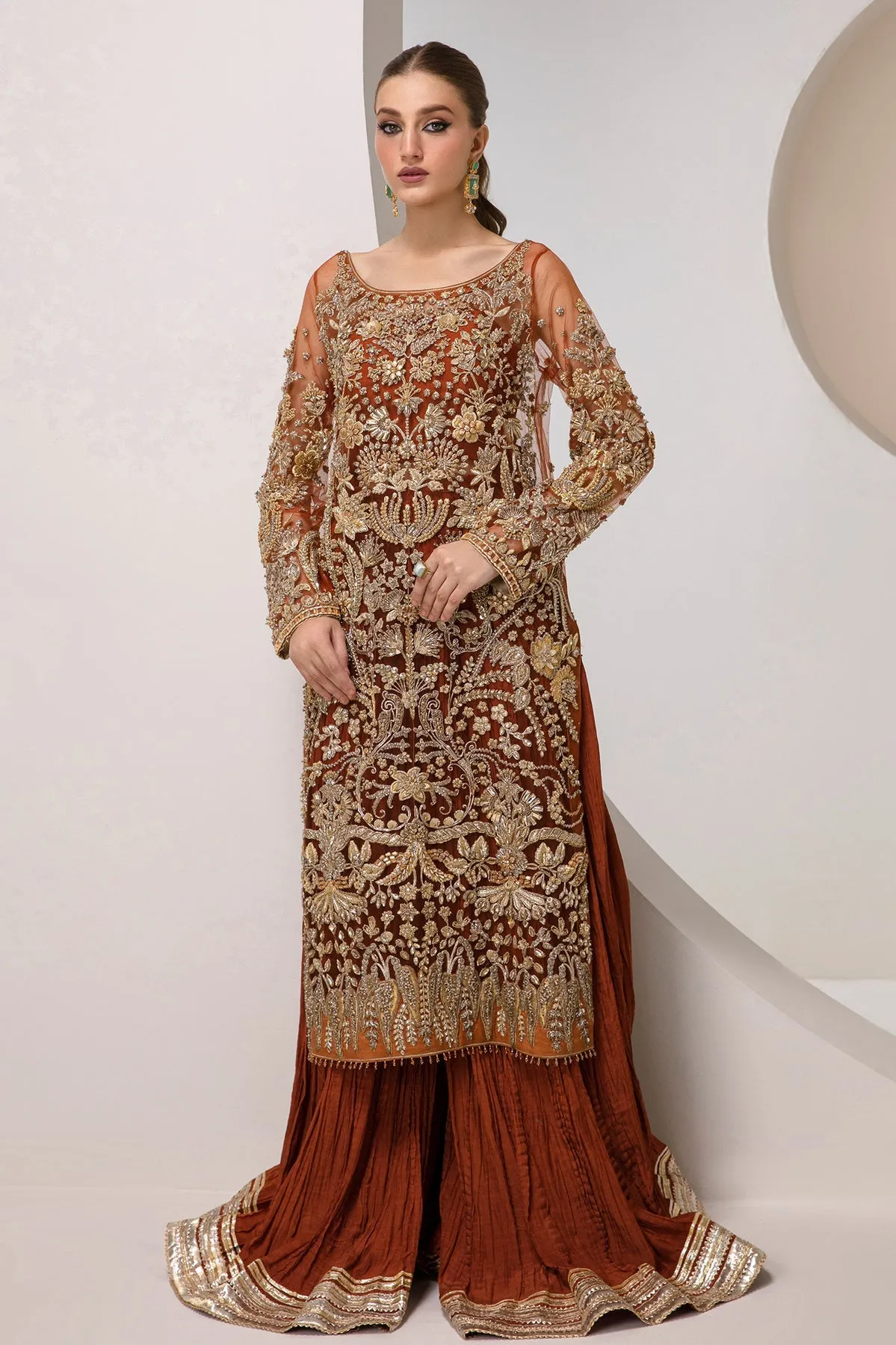 Maroon Long Kameez Pakistani Wedding Dress in Crushed Sharara Style