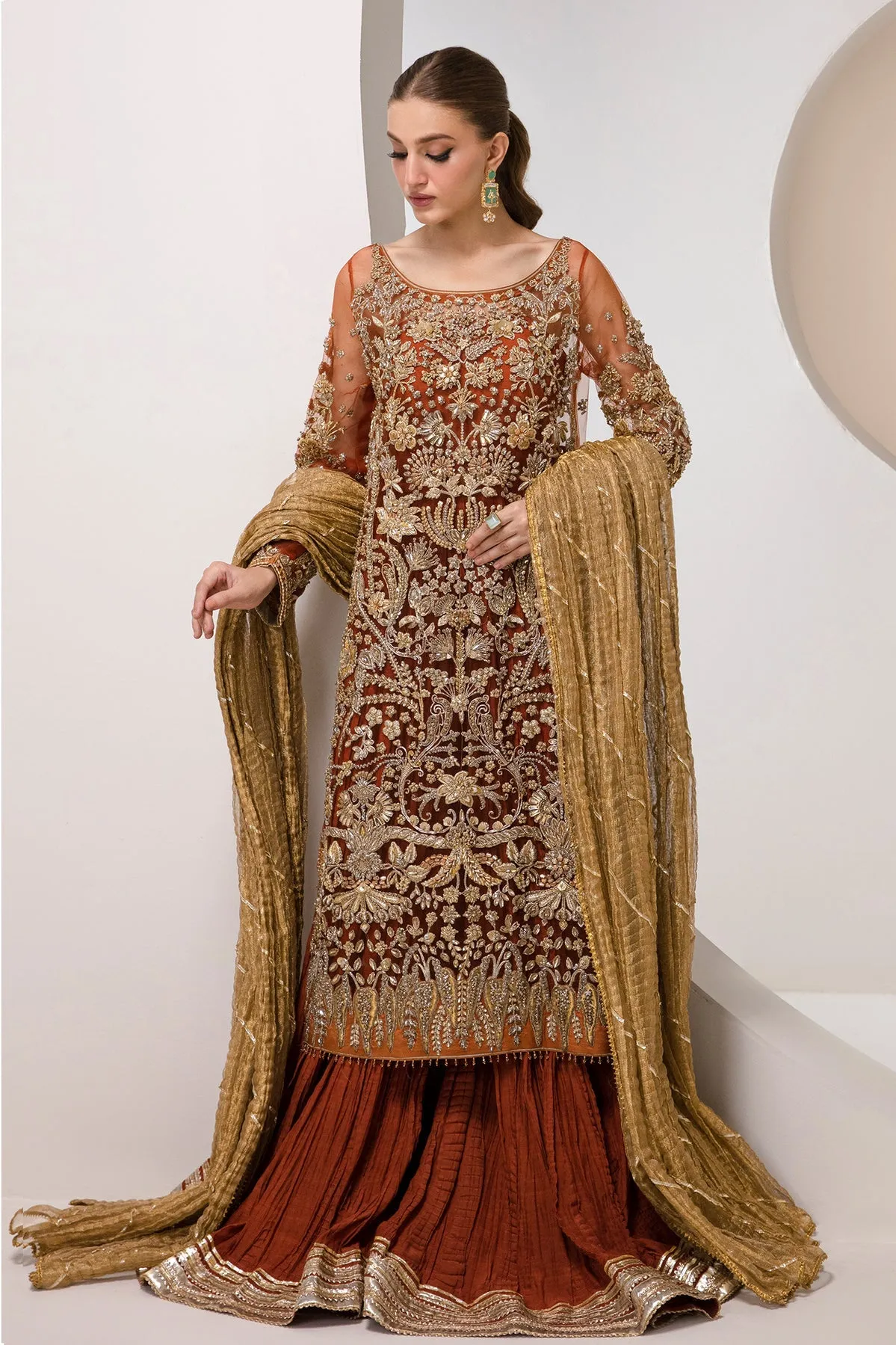 Maroon Long Kameez Pakistani Wedding Dress in Crushed Sharara Style