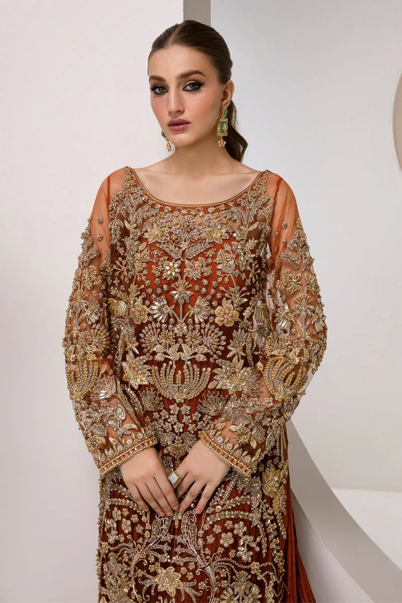 Maroon Long Kameez Pakistani Wedding Dress in Crushed Sharara Style