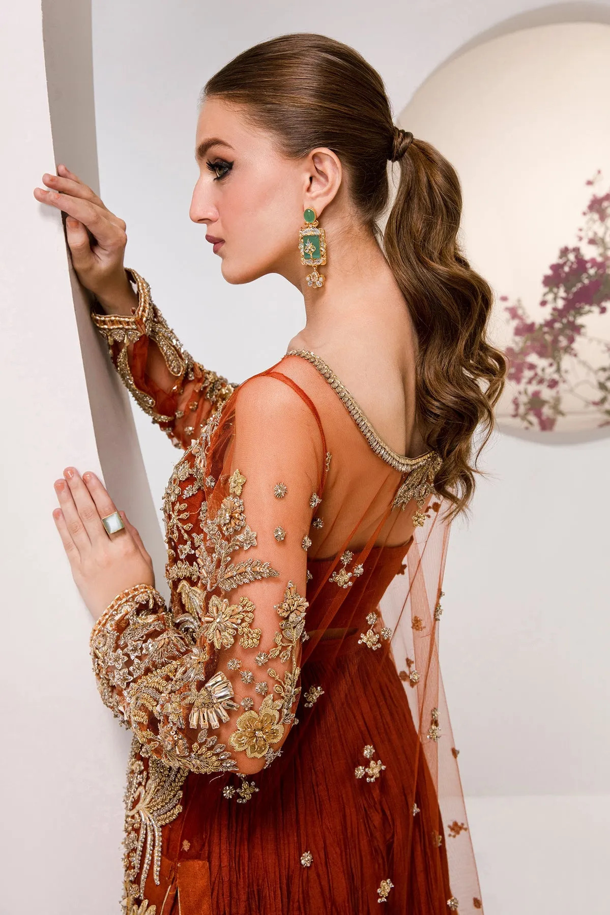 Maroon Long Kameez Pakistani Wedding Dress in Crushed Sharara Style
