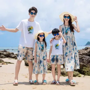 Matching Family Beach Outfits  Holiday Palm Tree Print Summer Dresses & Shorts Set