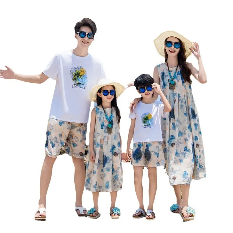 Matching Family Beach Outfits  Holiday Palm Tree Print Summer Dresses & Shorts Set