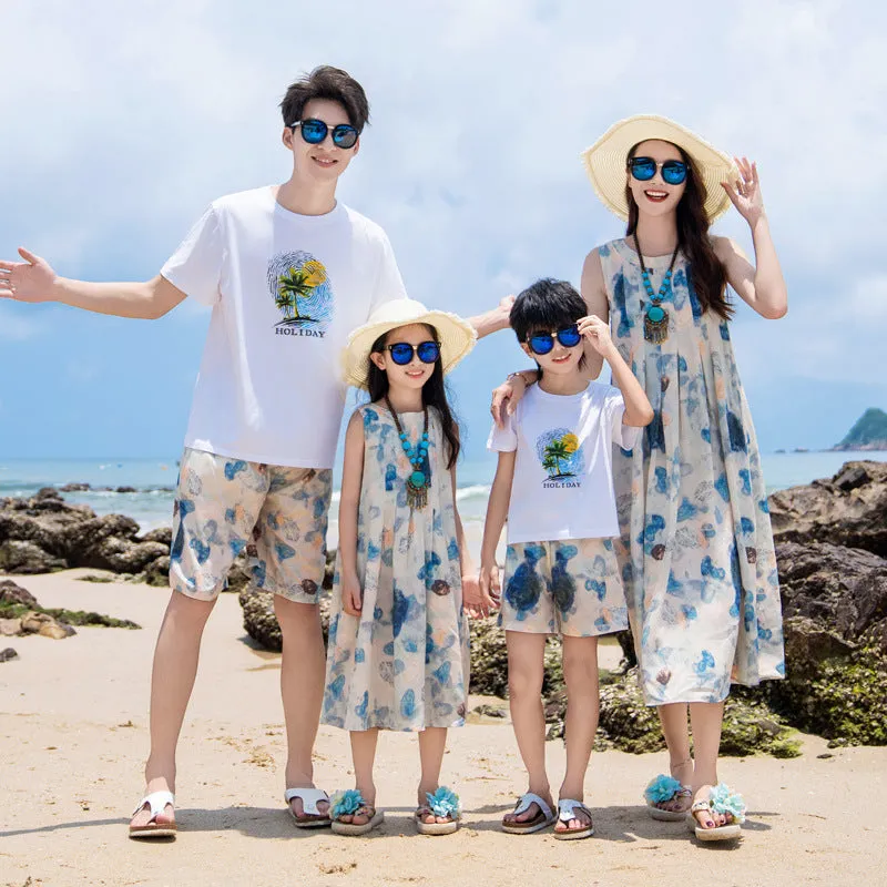 Matching Family Beach Outfits  Holiday Palm Tree Print Summer Dresses & Shorts Set