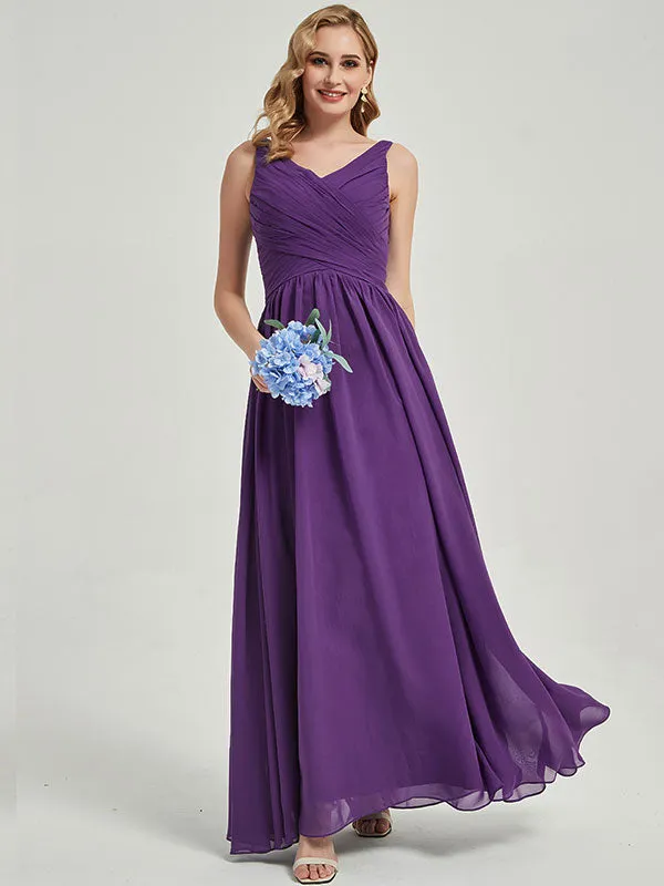 Mauve Wide Straps Sleeveless V-Neck Pleated Flowy Bridesmaid Dress