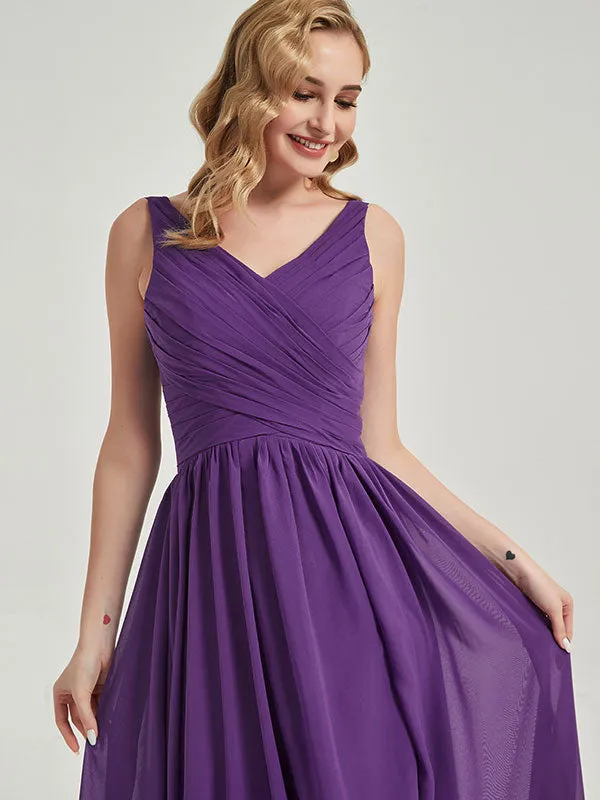 Mauve Wide Straps Sleeveless V-Neck Pleated Flowy Bridesmaid Dress