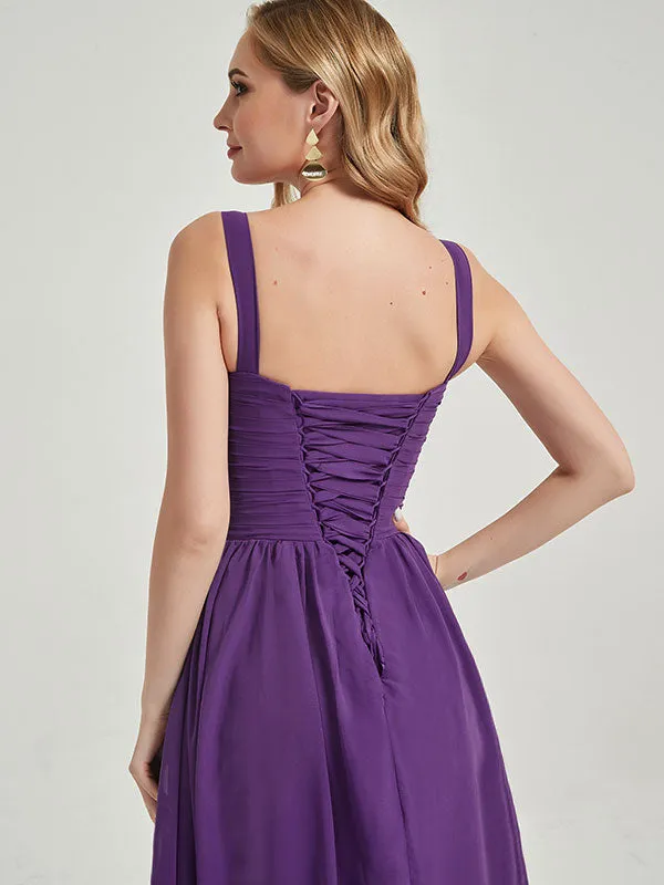 Mauve Wide Straps Sleeveless V-Neck Pleated Flowy Bridesmaid Dress