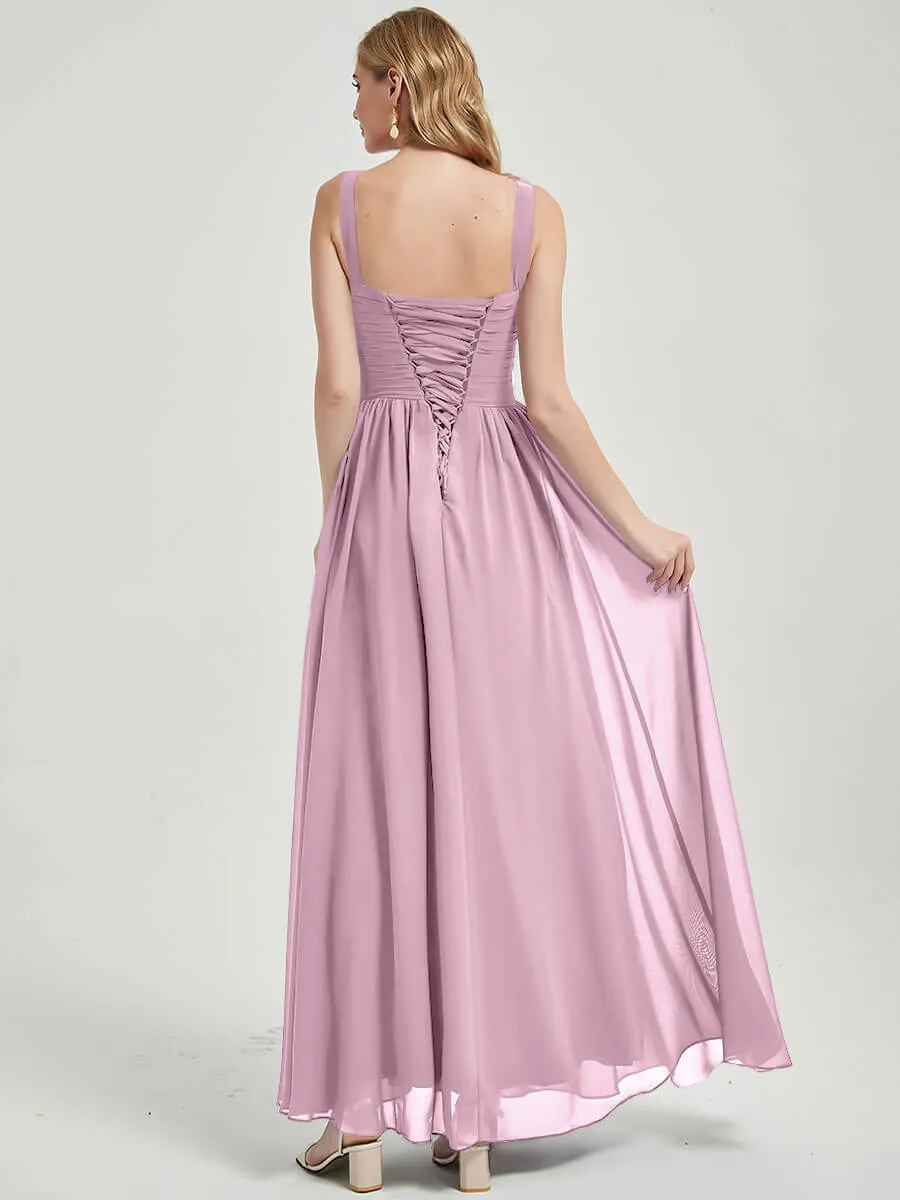 Mauve Wide Straps Sleeveless V-Neck Pleated Flowy Bridesmaid Dress